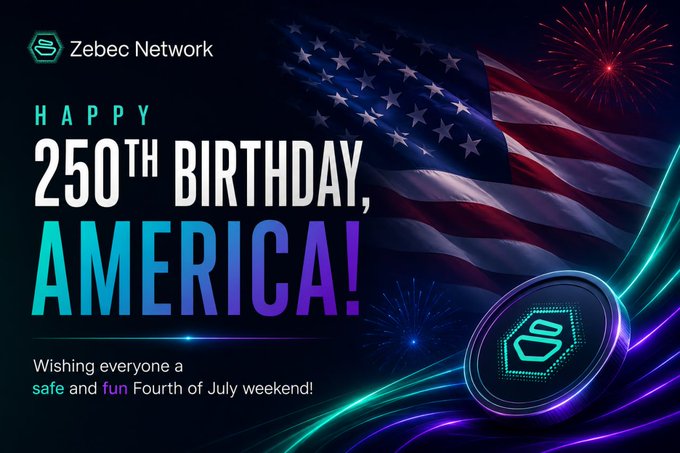 The image is a celebratory graphic from Zebec Network featuring an American flag with fireworks in the background, displaying the text "HAPPY 250TH BIRTHDAY, AMERICA!" and "Wishing everyone a safe and fun Fourth of July weekend!" alongside the Zebec logo and a stylized crypto coin emblem with glowing teal and purple accents. The patriotic Fourth of July theme in the visual directly reinforces the accompanying post's message wishing a safe and fun Independence Day weekend to the community.