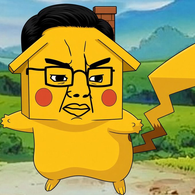 A cartoon illustration shows a yellow, Pikachu-like character with a human face, glasses, and a lightning bolt tail, standing in front of a rural landscape background.