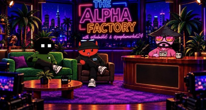 A promotional graphic for 'THE ALPHA FACTORY' podcast with '@thedumbhill & @peoplesmarket24' featuring cartoon characters (a pixelated figure, a red devil, and a pink figure) sitting on a green couch in a neon-lit studio with a city skyline backdrop.