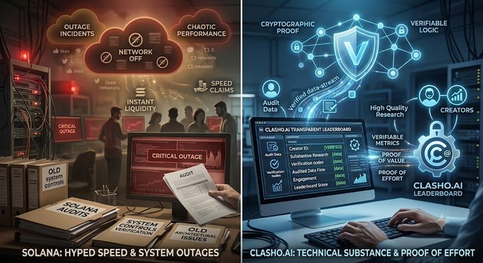 A side-by-side comparison graphic contrasting Solana's 'Hyped Speed & System Outages' (showing outage incidents and chaos) with Clasho.AI's 'Technical Substance & Proof of Effort' (displaying verifiable metrics, audit data, and cryptographic proof).