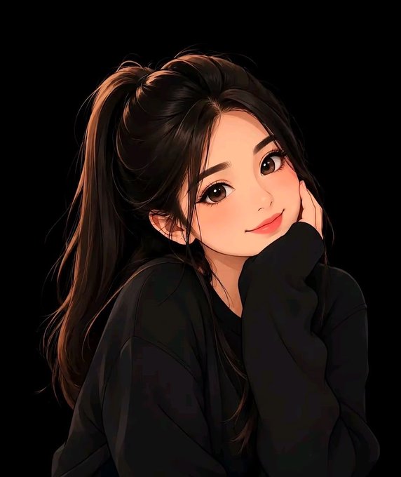A digital anime-style illustration shows a smiling girl with long dark hair in a high ponytail, wearing a black top and resting her cheek on her hand against a black background, complementing the post's "goodnight, sleep well" message.