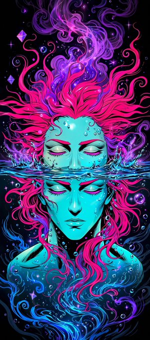 A vibrant digital illustration of an ethereal figure with blue skin and flowing magenta hair partially submerged in water, surrounded by bubbles, stars, and purple energy swirls against a dark background.