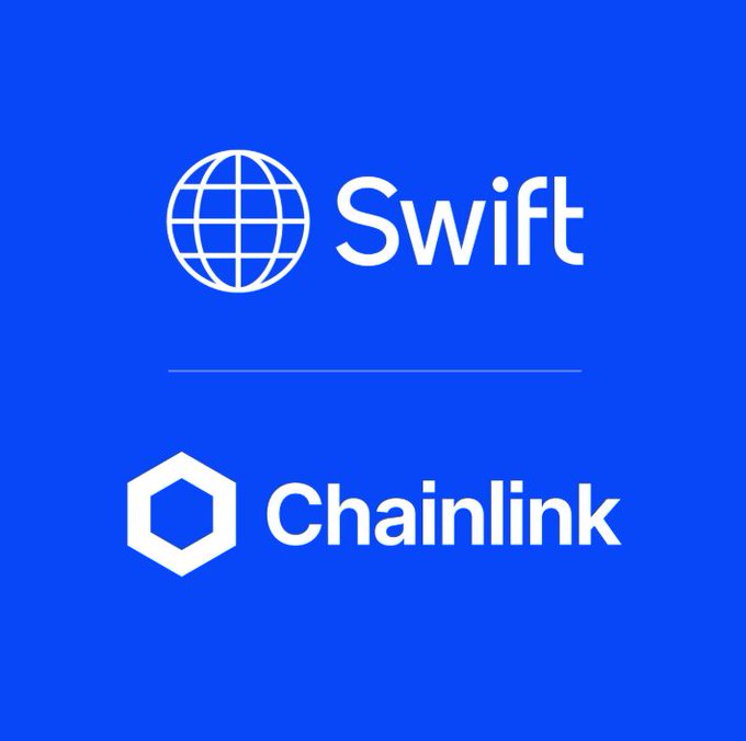 A blue graphic displaying the Swift logo (a globe icon) above the Chainlink logo (a hexagon icon), indicating a partnership between the two.