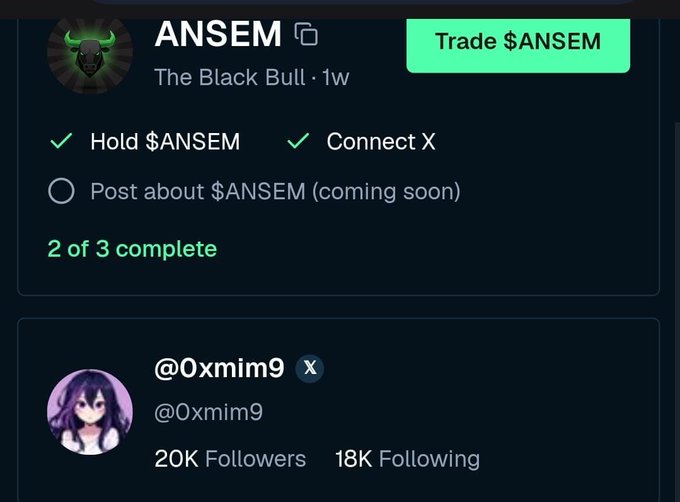 A crypto profile page for $ANSEM 'The Black Bull' showing completion of 2 of 3 tasks (Hold $ANSEM and Connect X), with a 'Trade $ANSEM' button, and an embedded post from @0xmim9.