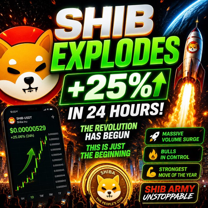 A promotional graphic for Shiba Inu ($SHIB) cryptocurrency featuring a Shiba dog mascot, a rocket, and flames, with bold text announcing "SHIB EXPLODES +25% IN 24 HOURS!" alongside a phone displaying a SHIB-USDT trading chart at $0.00000529, reinforcing the post's claim of a sudden 25% price surge signaling renewed bullish sentiment.