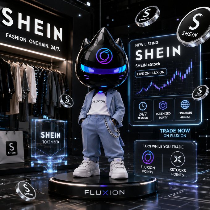 A promotional image features a stylized black cat-like character wearing 'FLUXION' clothing, with SHEIN branding and text about 'SHEIN xStock LIVE ON FLUXION' with 24/7 trading and tokenized equity features.