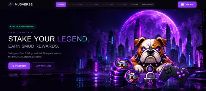 A promotional graphic for the crypto game 'MUDVERSE' features a cartoon bulldog in a cyberpunk setting with text reading 'STAKE YOUR LEGEND. EARN $MUD REWARDS.'