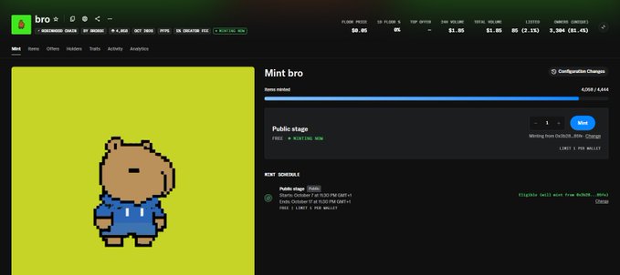 A screenshot of the 'bro' cryptocurrency website showing a pixel art bear character on a green background alongside a 'Mint bro' page with 'MIMASUNG' as the public stage name and a mint price of 1 ETH.