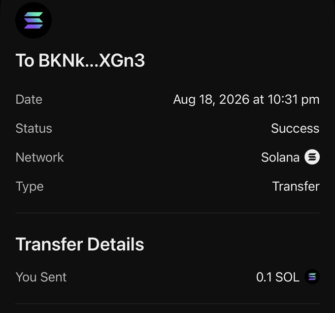 A transaction receipt on the Solana blockchain showing a successful transfer of 0.1 SOL sent to the wallet address "BKNk...XGn3" on August 18, 2026 at 10:31 pm. The image serves as proof of the user's claimed giveaway to a follower for following them.