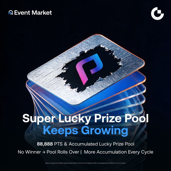 A promotional graphic for Event Market's "Super Lucky Prize Pool" featuring a stack of metallic cards with the platform's purple "P" logo breaking through the top, alongside the tagline "Super Lucky Prize Pool Keeps Growing — 88,888 PTS & Accumulated Lucky Prize Pool." The image visually reinforces the post's message about an uncapped prize pool that rolls over between cycles, with text noting "No Winner → Pool Rolls Over | More Accumulation Every Cycle."