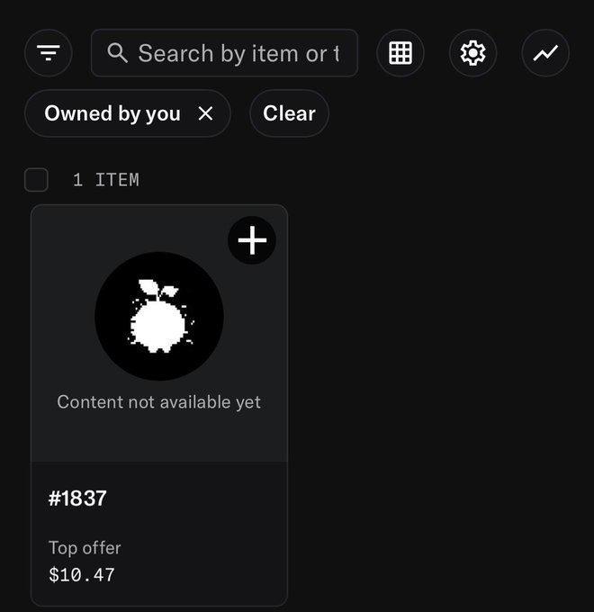 A dark-themed NFT marketplace interface displaying a single item (#1837) with 'Content not available yet' and a top offer of $10.47.