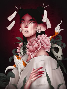 A stylized digital illustration of a woman with dark hair, pink flowers, koi fish, and a skull against a dark red background.