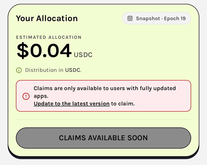 Allocation screen showing an estimated $0.04 USDC reward from Snapshot Epoch 19, with a notice that claims are only available on fully updated apps.