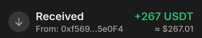 A crypto wallet notification shows a received transfer of +267 USDT (approximately $267.01) from the address 0xf569...5e0F4, serving as visual proof of the payment mentioned in the accompanying post.