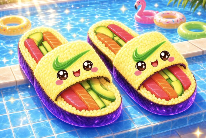 A vibrant, kawaii-style digital illustration of a pair of cute sushi-themed purple Crocs (slippers) decorated to look like sushi rolls with avocado and salmon, sitting by a sparkling swimming pool with colorful pool floats.