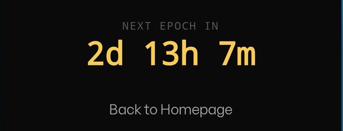 A dark countdown timer displays "NEXT EPOCH IN 2d 13h 7m" in bold yellow text, with a white "Back to Homepage" link below, suggesting users must wait nearly three days for the next phase of the NOX token airdrop promotion.