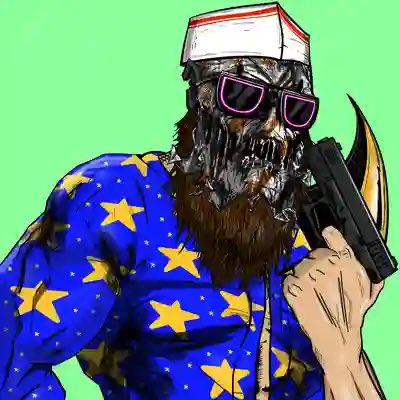 A menacing bearded figure wearing sunglasses and a white cap holds a gun to his head, dressed in a blue shirt covered in yellow stars, set against a bright green background. The post highlights this artwork as a minted 10K piece from the "Bitcoin Cyborgs" collection, with the quote referencing the famous Coen Brothers film "The Big Lebowski."