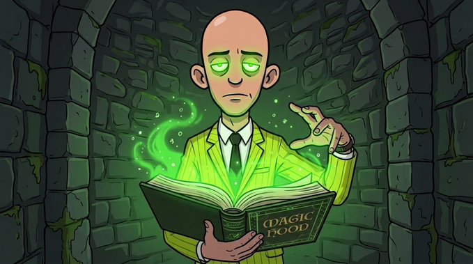 A cartoon illustration depicts a bald man in a yellow suit holding a glowing green 'MAGIC BOOK' in a stone dungeon, with bright green magical energy emanating from the pages.