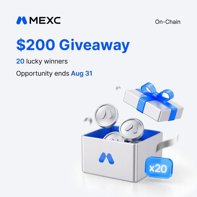 A promotional graphic for a MEXC On-Chain '$200 Giveaway' for 20 lucky winners, ending Aug 31, showing a gift box with MEXC coins.