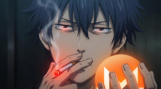 An anime-style character with dark hair smokes a cigarette while holding an orange, glowing orb that mirrors the Monero "M" logo, visually echoing the cryptocurrency's privacy-focused "Monero San" branding. The mysterious, shadowy aesthetic reinforces the post's emphasis on anonymous, no-KYC crypto swaps.