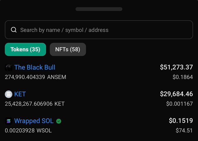 A cryptocurrency wallet interface showing token balances including 'The Black Bull' ($51,273.37), 'KET' ($29,684.46), and 'Wrapped SOL' ($0.1519), with tabs for Tokens (35) and NFTs (58).