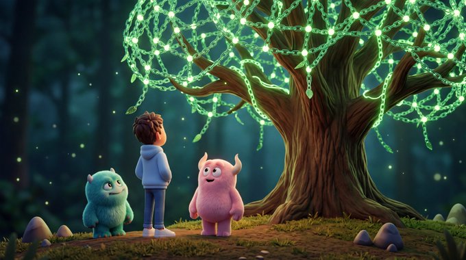 A whimsical 3D animated scene showing a young boy and two small monsters (one blue, one pink) standing before a large glowing tree with bright green illuminated leaves and vines.