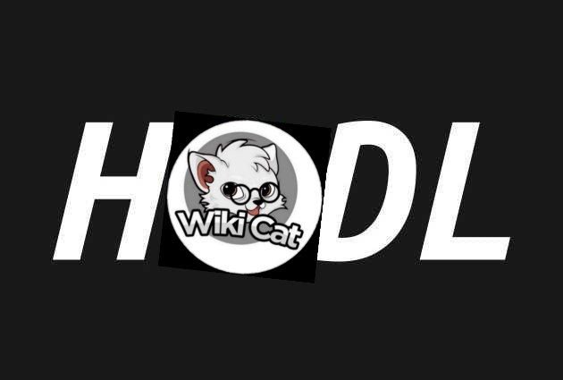 Logo design displaying 'HODL' in large white letters on a black background, with a circular 'WikiCat' cat mascot replacing the letter O.