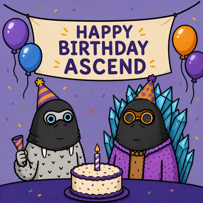 A festive cartoon illustration with a 'HAPPY BIRTHDAY ASCEND' banner, balloons, and two penguin-like characters wearing party hats celebrating with a birthday cake.