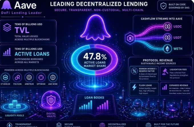 A vibrant, futuristic promotional infographic for the DeFi lending platform Aave highlights its leading market share, showing $47.8B in Total Value Locked (TVL) across multiple blockchains, supported by collateral streams like USDC, USDT, and WETH.