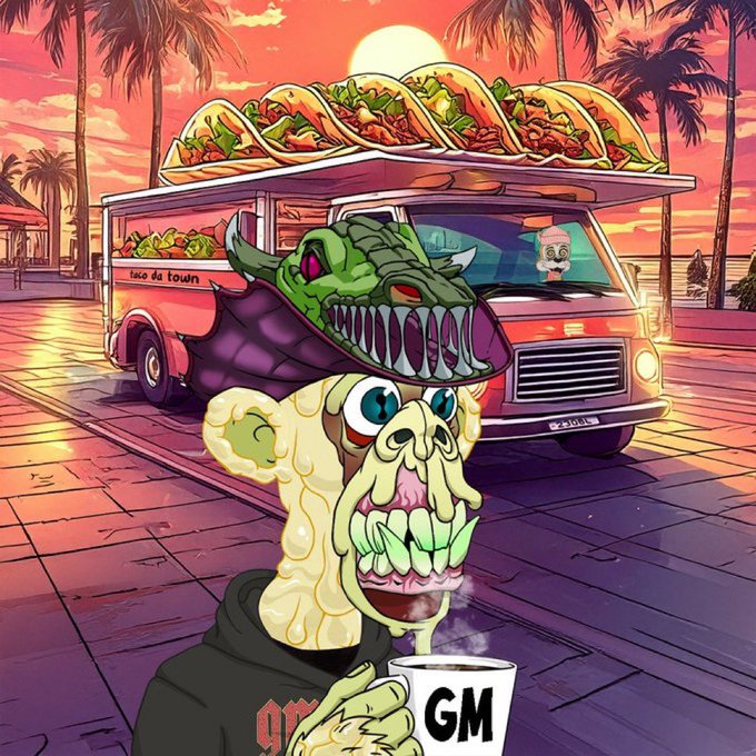 A colorful cartoon illustration features a grotesque green monster with sharp teeth wearing a black hoodie, holding a coffee mug labeled 'GM' in front of a taco truck overflowing with tacos against a sunset beach backdrop.