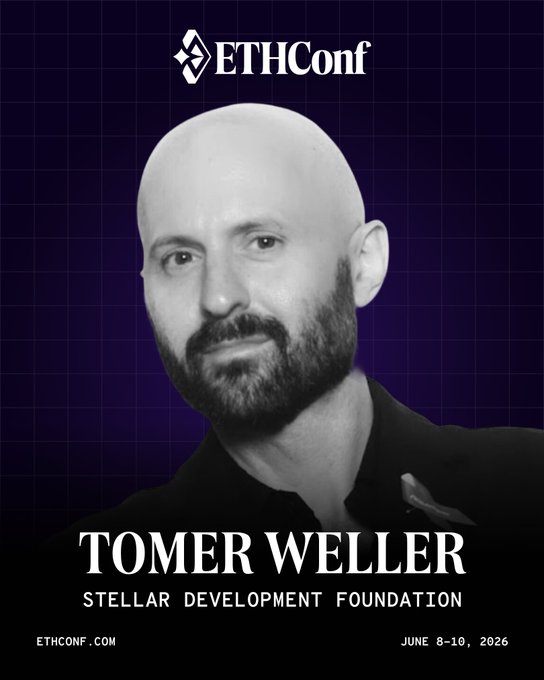 The image features a man with a bald head wearing a black shirt. The text "tomer weller" is written above his head, and "Stellar Development Foundation" is written below him. The poster also includes an event date of June 8-10 in NYC.
