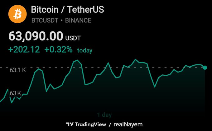 The image shows a TradingView chart for Bitcoin/TetherUS (BTCUSDT) on Binance, displaying a 1-day price movement where BTC is currently trading at $63,090.00 USDT, up $202.12 (+0.32%) for the day, with the price hovering around the $63.1K mark. This visualizes the post's claim of BTC closing July at approximately $63k after briefly dipping to $62.4k, illustrating the choppy price action referenced.