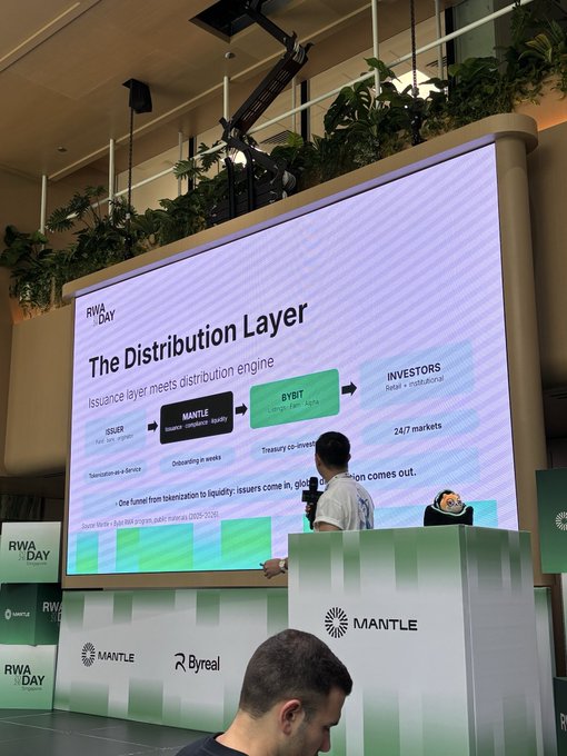 A conference scene at 'RWA DAY' featuring a large screen displaying 'The Distribution Layer' presentation by Mantle and Byreal, showing a flow from ISSUER to INVESTORS.
