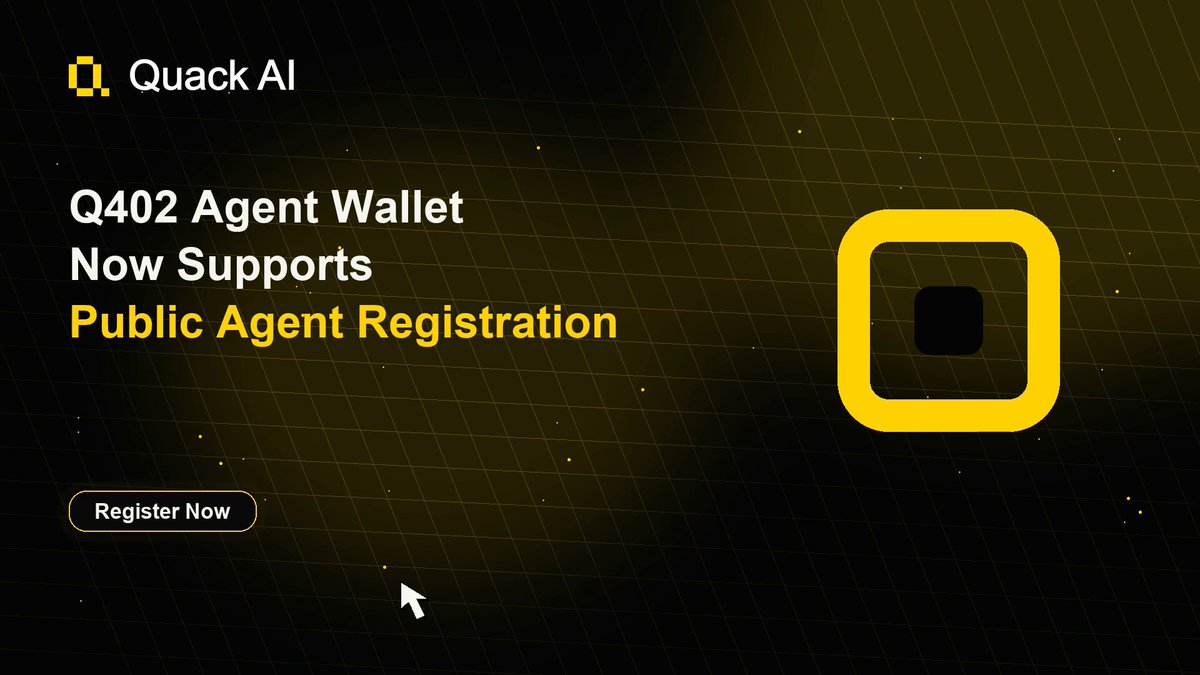The image features a banner for a new feature of an Agent Wallet called "Public Agent Registration", which allows users to create their own agent wallets and mint them with a QR code that can be used as payment in exchange for Q402 tokens. The image also includes a small yellow square logo, possibly representing the Q402 token or the wallet itself. The text on the banner indicates that this feature is now available, and it encourages users to sign up by clicking on the "Sign Up" button below the banner.
