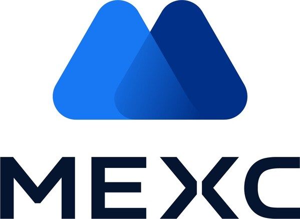 The MEXC cryptocurrency exchange logo featuring two overlapping blue triangular shapes above the brand name 'MEXC' in dark navy text.