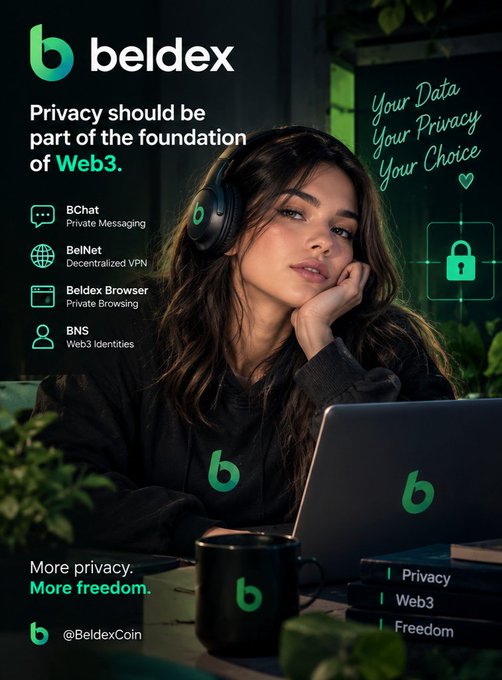 Advertisement for 'Beldex' (privacy/Web3 platform) featuring a woman wearing branded headphones, with text 'Privacy should be part of the foundation of Web3' and 'Your Data Your Privacy Your Choice'.