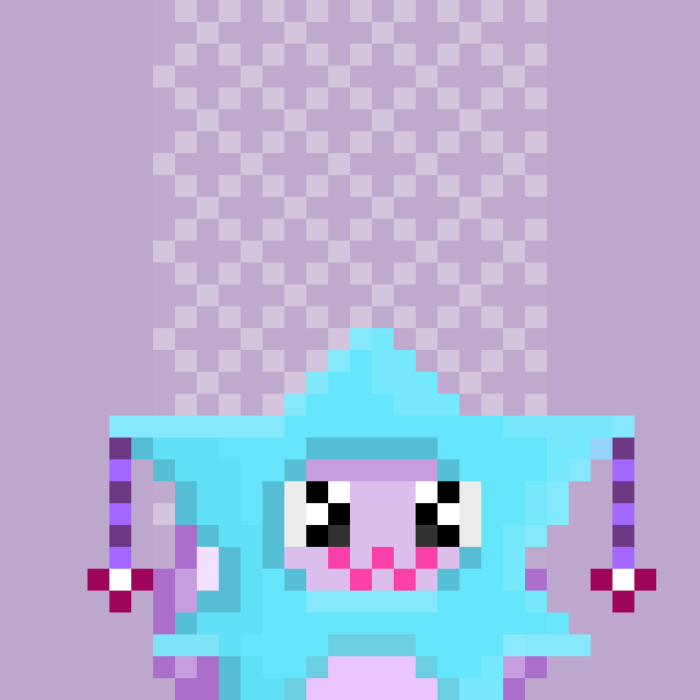 A pixel art character with a light blue hooded outfit and large expressive eyes, set against a lavender checkered background.