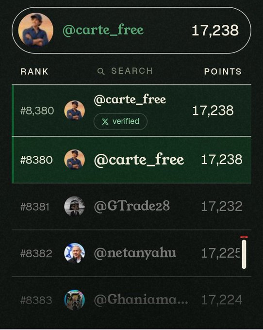 A leaderboard screenshot shows user '@carte_free' ranked #8,380 with 17,238 points and a verified badge, listed just above accounts '@GTrade28', '@netanyahu', and '@Ghaniamama'.