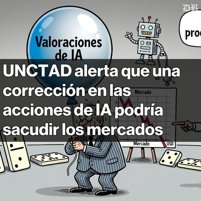 A cartoon illustration with Spanish text 'Valoraciones de IA' and 'UNCTAD alerta que una corrección en las acciones de IA podría sacudir los mercados', depicting a businessman and a robot.