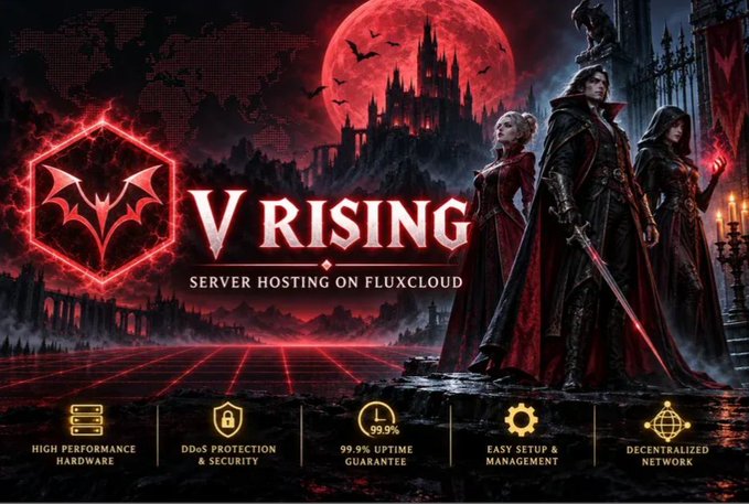 A promotional banner for 'V RISING' server hosting on Fluxcloud, featuring gothic vampire imagery with characters in red and black attire against a red moon, listing features like 'HIGH PERFORMANCE HARDWARE' and '99.9% UPTIME GUARANTEE'.