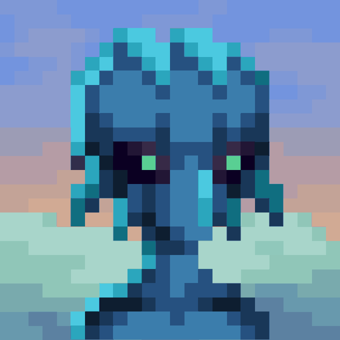 A pixel art creation depicts a blue dolphin with green eyes leaping out of the water against a pastel sky and sandy shore.