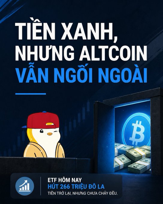 A Vietnamese crypto promotional graphic reading 'Tiền xanh, những altcoin vẫn ngồi ngoài' featuring a cartoon penguin in a red cap next to a vault full of Bitcoin cash, with news about today's ETF drawing $266 million in money flowing back but not yet flowing out.