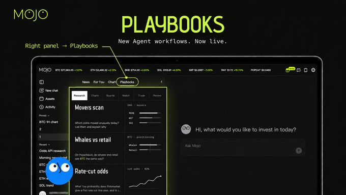 The image is a promotional graphic for MOJO, highlighting its new "PLAYBOOKS" feature for agent workflows. The screenshot shows the Mojo interface with tickers like BTC, ETH, SOL, and others at the top, and a right panel displaying Playbooks such as "Movers scan," "Whales vs retail," and "Rate-cut odds," accompanied by a chat prompt reading "Hi, what would you like to invest today?"

This ties to the post by positioning Mojo as the long-awaited "chosen one" for intent execution in crypto, with Playbooks showcased as the pioneering workflow tools that fulfill that promise.