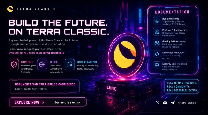 A futuristic promotional banner for Terra Classic features the headline "BUILD THE FUTURE. ON TERRA CLASSIC." alongside a glowing yellow LUNC token emblem, highlighting documentation resources at terra-classic.io including Node Setup, Protocol & Architecture, and Staking & Governance guides. The post and image work together to direct the LunaClassic community to the project's comprehensive developer documentation and infrastructure.