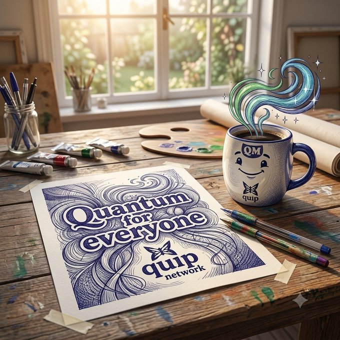 A creative artist's workspace features a hand-drawn poster reading "Quantum for everyone" with the "quip network" logo, alongside a smiling branded mug emitting magical steam, visually representing Quip Network's @quipnetwork mission to make quantum-resistant technology accessible to all as their testnet surpasses 20,000 wallets and $1M+ in protected assets.