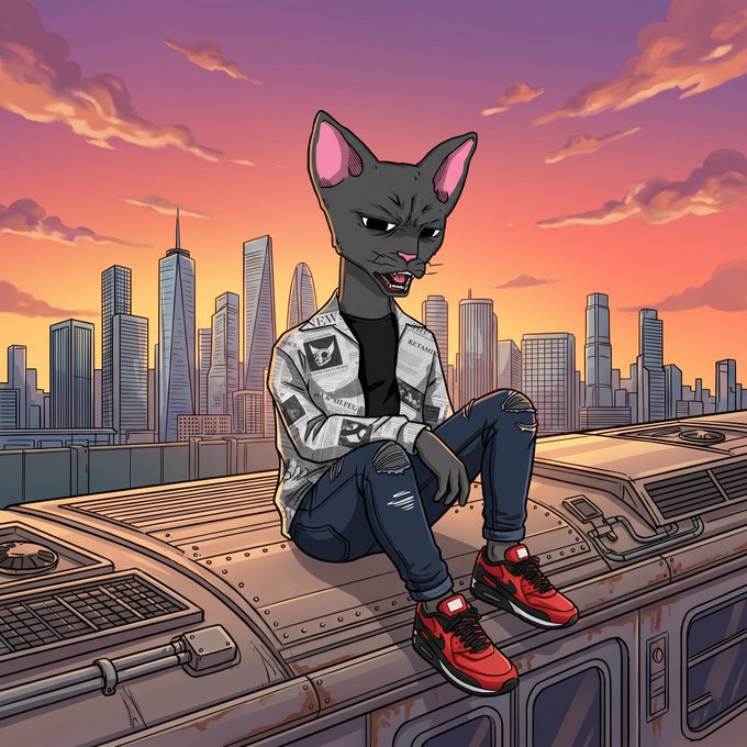 A digital illustration depicts a gray anthropomorphic cat character wearing a patterned shirt, ripped jeans, and red sneakers, sitting atop a rooftop overlooking a city skyline at sunset.