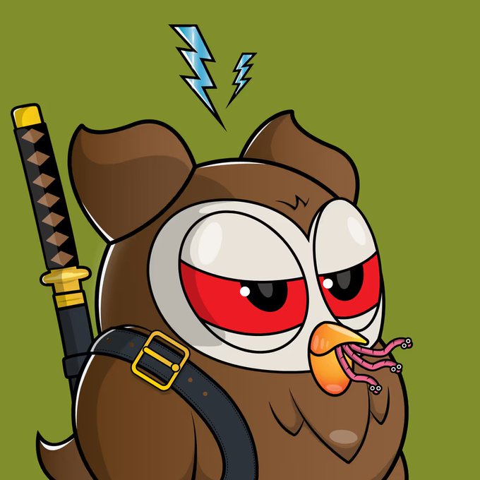A cartoon illustration of an angry brown owl with red eyes, wearing a katana on its back and a pink worm in its beak, with lightning bolts above its head against an olive green background.