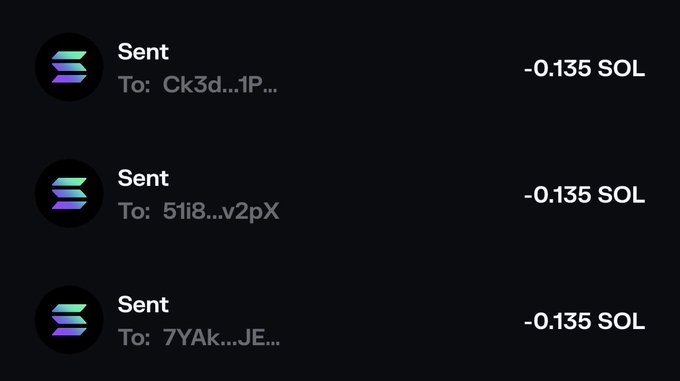 The image shows three cryptocurrency transactions of -0.135 SOL each sent to different wallet addresses (Ck3d..., 51i8..., and 7YAk...). These transfers correspond to the post's announcement of sending $30 to three specific users (@deV01ce, @opakmlinjo, and @jeremyguych1l), confirming the giveaway payouts were distributed.