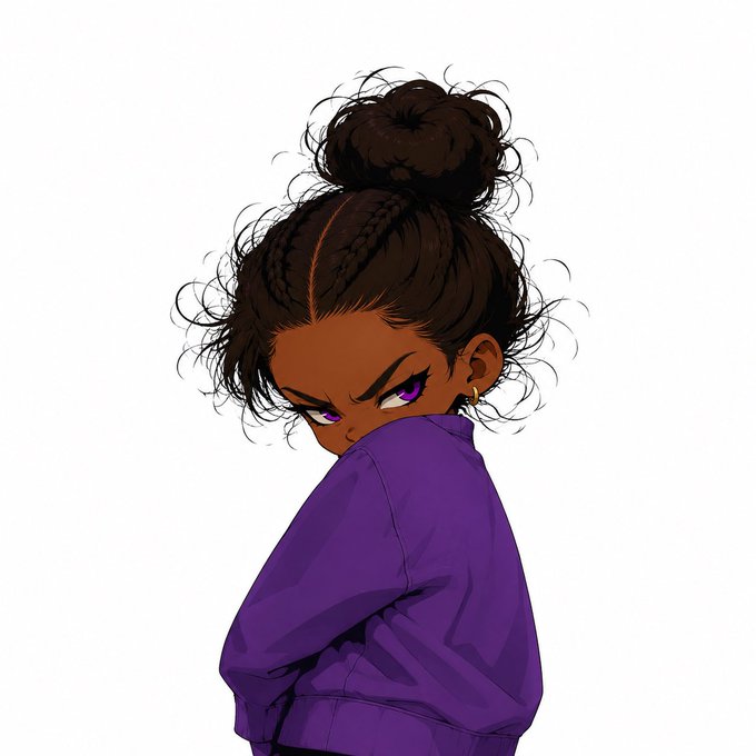 An illustration depicts a stylized character with dark skin, purple eyes, and black hair pulled into a high bun with a center braid, wearing an oversized purple jacket and looking intensely over their shoulder.