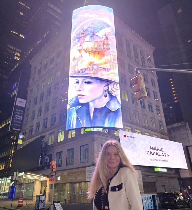 A woman with blonde hair stands on a New York City street at night in front of a large illuminated billboard displaying her digital artwork, credited to 'MARIE ZAKALATA' by 'ARTLIST'.